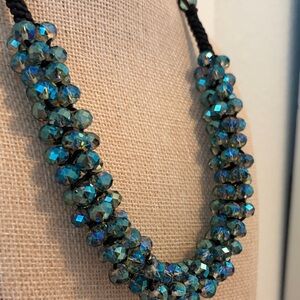 STUNNING  Blue Glass Crystal Cluster Statement Necklace with Black Cord
